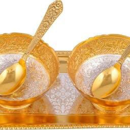 Silver & Gold Plated 2 Mini Flower Bowl With Spoon With Tray Brass Decorative Platter (Gold, Silver, Pack of 5) Bowl, Spoon Serving Set-6