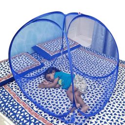 Polyester Kids Blue Foldable Baby Mosquito Net with Soft Mattress | Portable Infant NET Mosquito Net-2