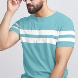 Men Striped Round Neck Cotton Blend Light Blue, White T-Shirt-image-40