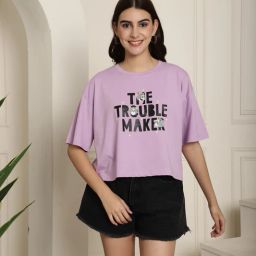 Women Printed, Typography Round Neck Pure Cotton Purple T-Shirt-image-20