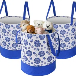 Cotton Pack of 3 Flower Print Foldable 45L Toys Organizer for Kids Room | Blue & White Storage Basket-image-69