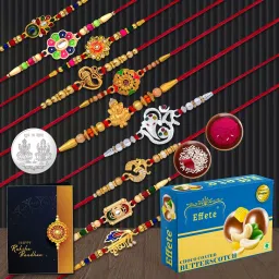 Designer Rakhi Combo for Brother with chocolate Butterscotch(32GM) Rakhi Set|MC32_BS32 Assorted Rakhi, Chawal Roli Pack, Greeting Card, Coins Set-image-8