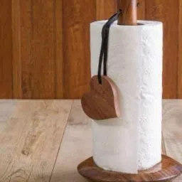 Kitchen Tissue Paper Roll Holder/Stand with Round Base (17 x 17 x 32 cm, Brown) Wooden Toilet Paper Holder-image-14