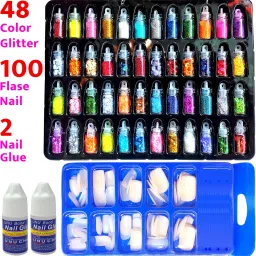 3D 48 color Nail Glitter + 100 Artificial/False Nail + 2 Nail Glue-13