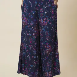 Women Flared Blue Viscose Rayon Trousers-image-4