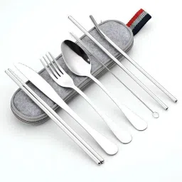 Portable Utensils Flatware Set, Travel Camping Cutlery Set, 8-Piece with pouch Stainless Steel Cutlery Set-image-14