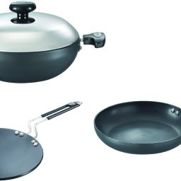Hard Anodised + Cookware Build Your Kitchen set 3 Pcs- Fry pan, Kadhai with Lid, Tawa 24 cm diameter with Lid-57