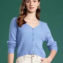 Women Striped V Neck Blue Sweater-image-4