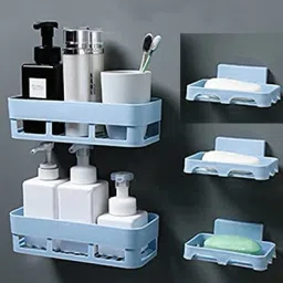 Pack of 5 ABS Plastic 2 Pcs Bathroom Shelf + 3 Pcs Soap Dish Holder Plastic Wall Shelf-image-89