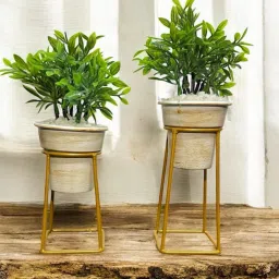Artificial Plant with White-Gold Pot & Metal Stand Set For Home & Office Bonsai Artificial Plant with Pot-16