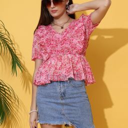 Casual Puff Sleeves Printed Women Pink Top-image-10