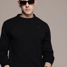 roadster Men Self Design Round Neck Black Sweater-picture-3