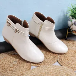 Padchin Women Embellished Trendy Block Heeled Zipper Closure Cream Boots Boots For Women-picture-2