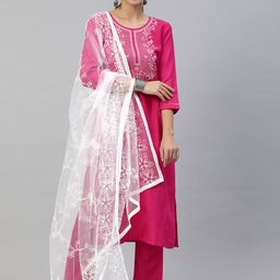 SheWill Women Pink Ethnic Motifs Yoke Design Mirror Work Kurta with Trousers & With Dupatta image 1