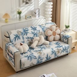 HOKIPO Blue & White Printed 2 Seater Sofa Mat with Pockets-image-1