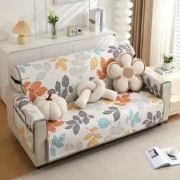 HOKIPO White & Blue Printed Polyester 1 Piece Sofa Cover With Arms-image-51
