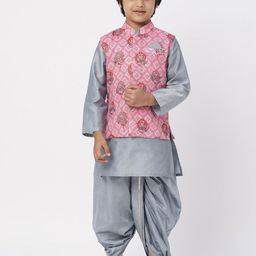 LIL DRAMA Boys Band Collar Straight Kurta & Dhoti Pants Nehru Jacket-picture-31