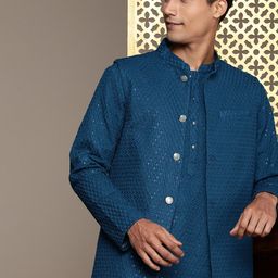 House of Pataudi Men Ethnic Motifs Sequined Jashn Kurta with Trousers & Nehru Jacket-picture-21