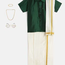 THANGAMAGAN Boys Olive Green & Cream-Coloured Shirt - Lungi - Angavastram & Accessories-picture-24