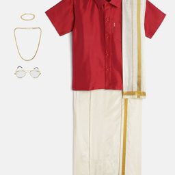 THANGAMAGAN Boys Red & Cream-Coloured Shirt - Lungi - Angavastram & Accessories-28