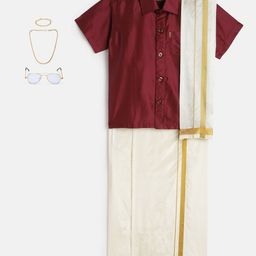 THANGAMAGAN Boys Maroon & Cream-Coloured Shirt - Lungi - Angavastram & Accessories-3