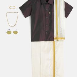 THANGAMAGAN Boys Purple & Cream-Coloured Shirt - Lungi - Angavastram & Accessories-picture-22