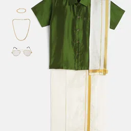 THANGAMAGAN Boys Olive Green & Cream-Coloured Shirt - Lungi - Angavastram & Accessories-41