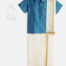 THANGAMAGAN Boys Teal Blue & Cream-Coloured Shirt - Lungi - Angavastram & Accessories-13
