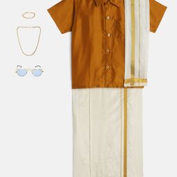 THANGAMAGAN Boys Mustard Shirt with Self-attaching Dhoti, Towel And Freebies Set-31