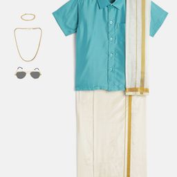 THANGAMAGAN Boys Blue & Cream-Coloured Shirt - Lungi - Angavastram & Accessories-picture-20