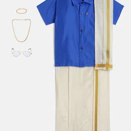 THANGAMAGAN Boys Blue Shirt with Cream-Coloured Dhoti, Towel And Freebies Set-picture-48