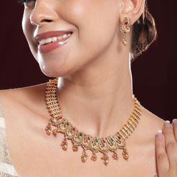 Rubans 22K Gold-Plated Ruby & Emerald Stone Necklace Set with Traditional Paisley Motif-image-42