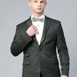 MANQ Men Green Twill Weave Slim Fit Solid Tuxedo Blazer With Pocket Square-image-31