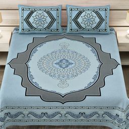 JAIPUR FABRIC Blue & Grey Geometric 180 TC King Bedsheet with 2 Pillow Covers-image-55