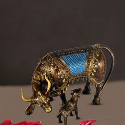 SHREE KALA HOME DECOR Bronze-Coloured Blue Kamdhenu Cow With Calf Nandini Brass Statue-image-58