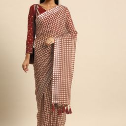 Anouk Peach-Coloured & Maroon Pure Linen Checked Saree image 1