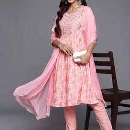 Libas Floral Yoke Design High Slit Mirror Work Kurta with Trousers & With Dupatta image 1