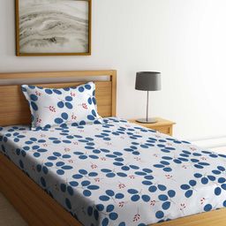 KLOTTHE Book Fold White & Blue Floral 300 TC Fitted Single Bedsheet & 1 Pillow Cover-image-45