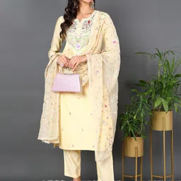 KALINI Ethnic Motifs Embroidered Regular Thread Work Kurta with Trousers & With Dupatta image 2