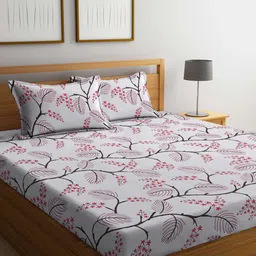 KLOTTHE White & Pink Floral Print 300 TC Double Bedsheet & 2 Pillow Covers-image-3
