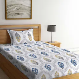 KLOTTHE White & Blue Floral Printed 300 TC Single Bed Bedsheet With 1 Pillow Cover-image-26