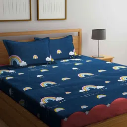 FABINALIV Blue & Pink Cartoon Characters 300 TC King Bedsheet With 2 Pillow Covers-80