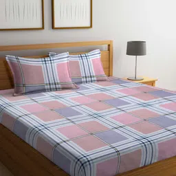 Arrabi Peach-Coloured & White Geometric 300 TC Flat King Bedsheet with 2 Pillow Covers-12