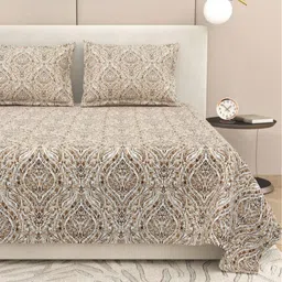 DREAM WEAVERZ Brown & White Ethnic Motifs 220 TC King Bedsheet with 2 Pillow Covers-image-65