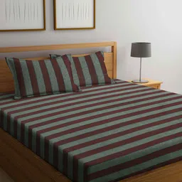 Arrabi Brown & Green Striped 300 TC King Bedsheet with 2 Pillow Covers-4