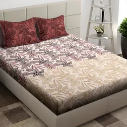 Arrabi Cream-Coloured & Black Floral 300 TC King Bedsheet with 2 Pillow Covers-26