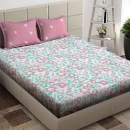 Arrabi Green & Pink Floral Printed 300 TC Super King Bedsheet With 2 Pillow Covers-image-30