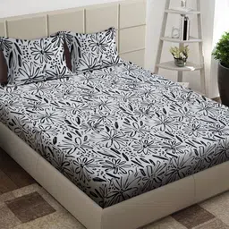 Arrabi White & Black Floral 300 TC King Bedsheet with 2 Pillow Covers-image-25