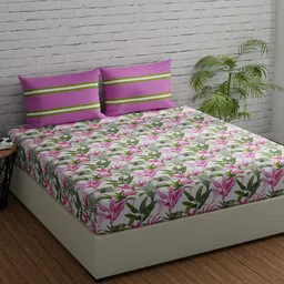 Huesland Comfort White & Pink Printed 144 TC Cotton King Bedsheet & 2 Pillow Covers-image-38