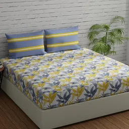 Huesland Comfort Grey & Yellow Printed 144 TC Cotton King Bedsheet & 2 Pillow Covers-image-70